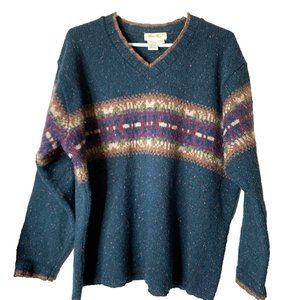 Eddie Bauer Women's Wool Sweater Green/Tan Nordic Tweed Large V- Neck